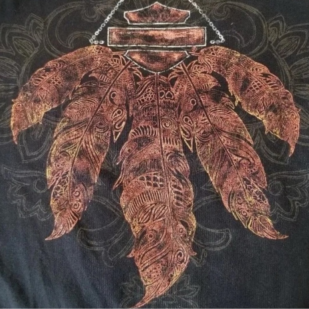 Harley Davidson Orange Feathers Bar & Shield Graphic Shelf Bra Laced Up Back Top - Picture 6 of 10